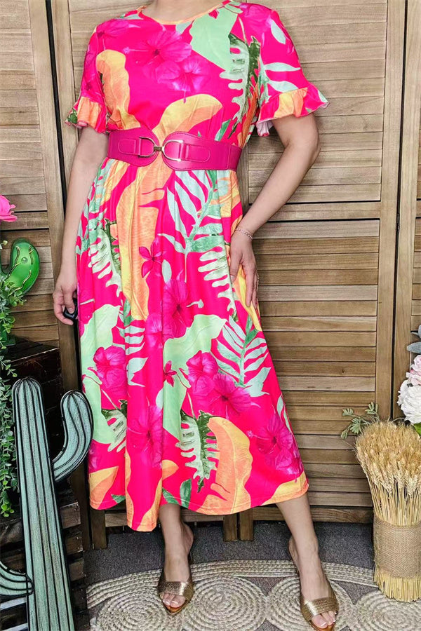 Floral printed long style ruffle short sleeve women dress w/side pockets GJQ15881 (BS6)