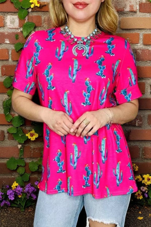 Shop Fuchsia cactus printed short sleeve women tops BQ13162