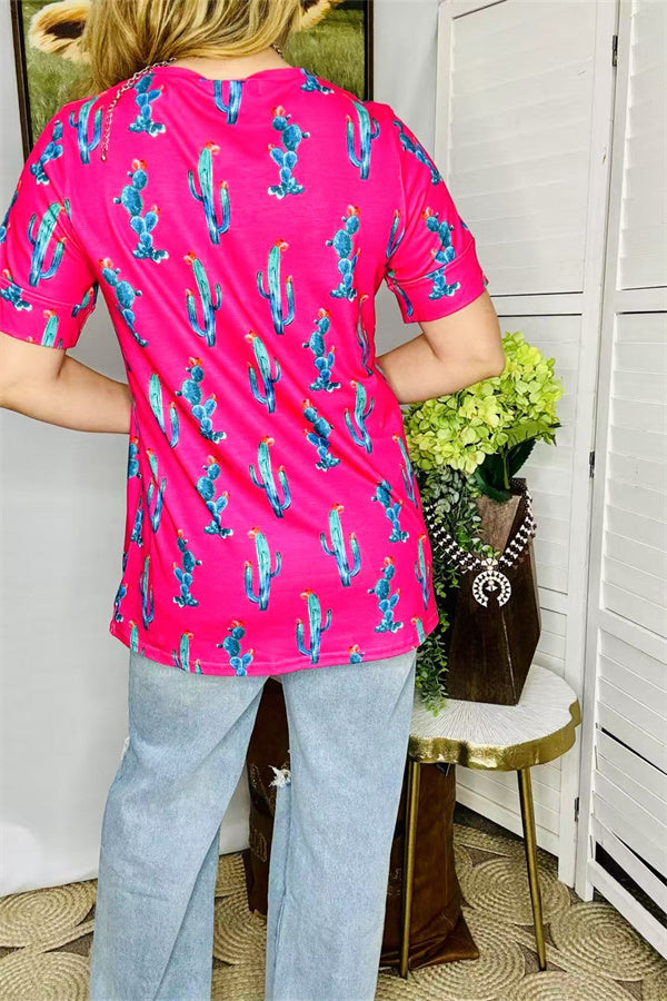 Shop Fuchsia cactus printed short sleeve women tops BQ13162