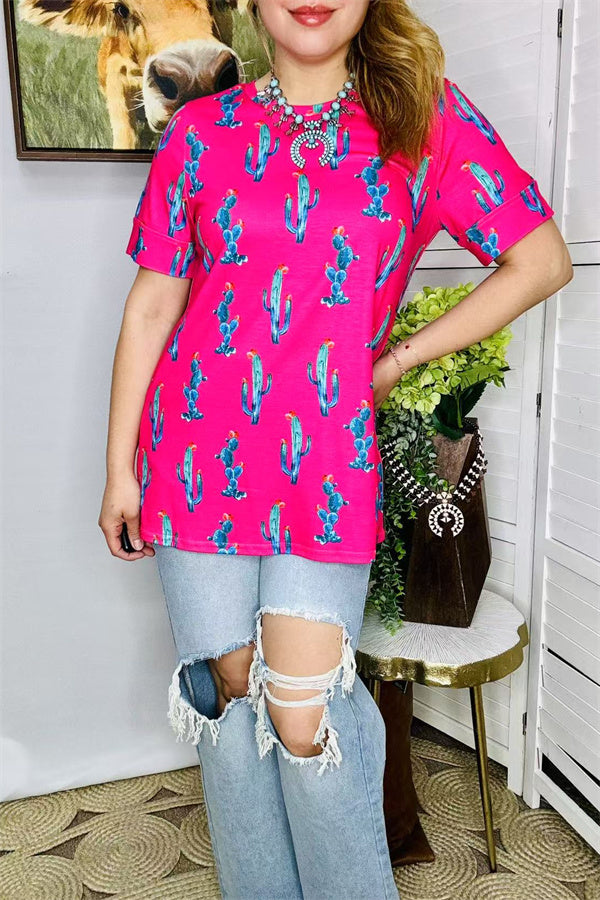 Shop Fuchsia cactus printed short sleeve women tops BQ13162
