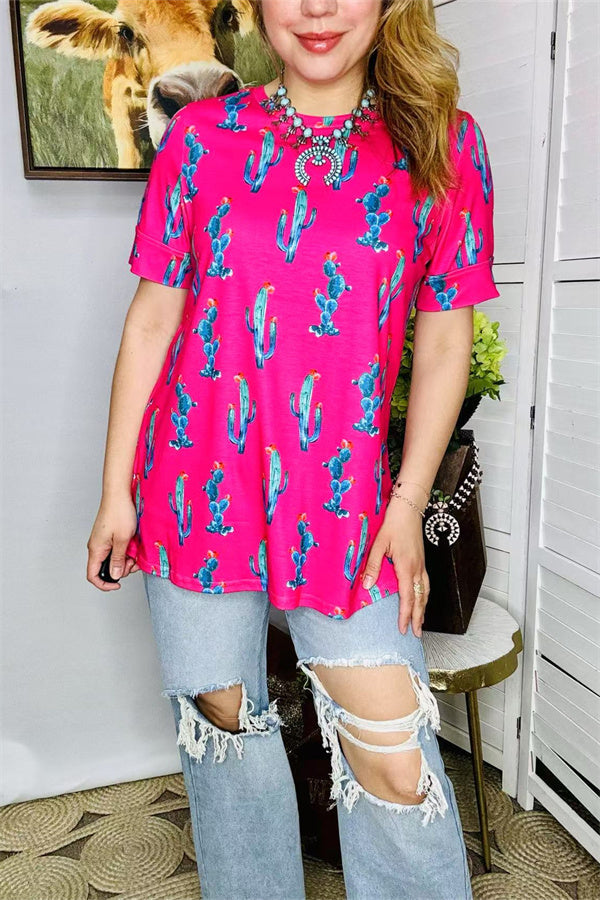 Shop Fuchsia cactus printed short sleeve women tops BQ13162